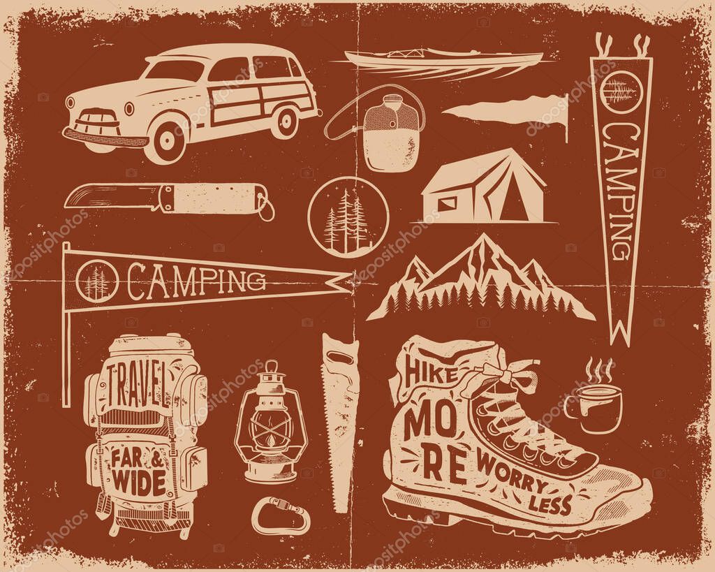 Vintage hand drawn adventure symbols, hiking, camping shapes of backpack, pennant, kayak, surf car, lantern and others. Retro monochrome design. For t shirts, prints. Stock vector silhouette icons.