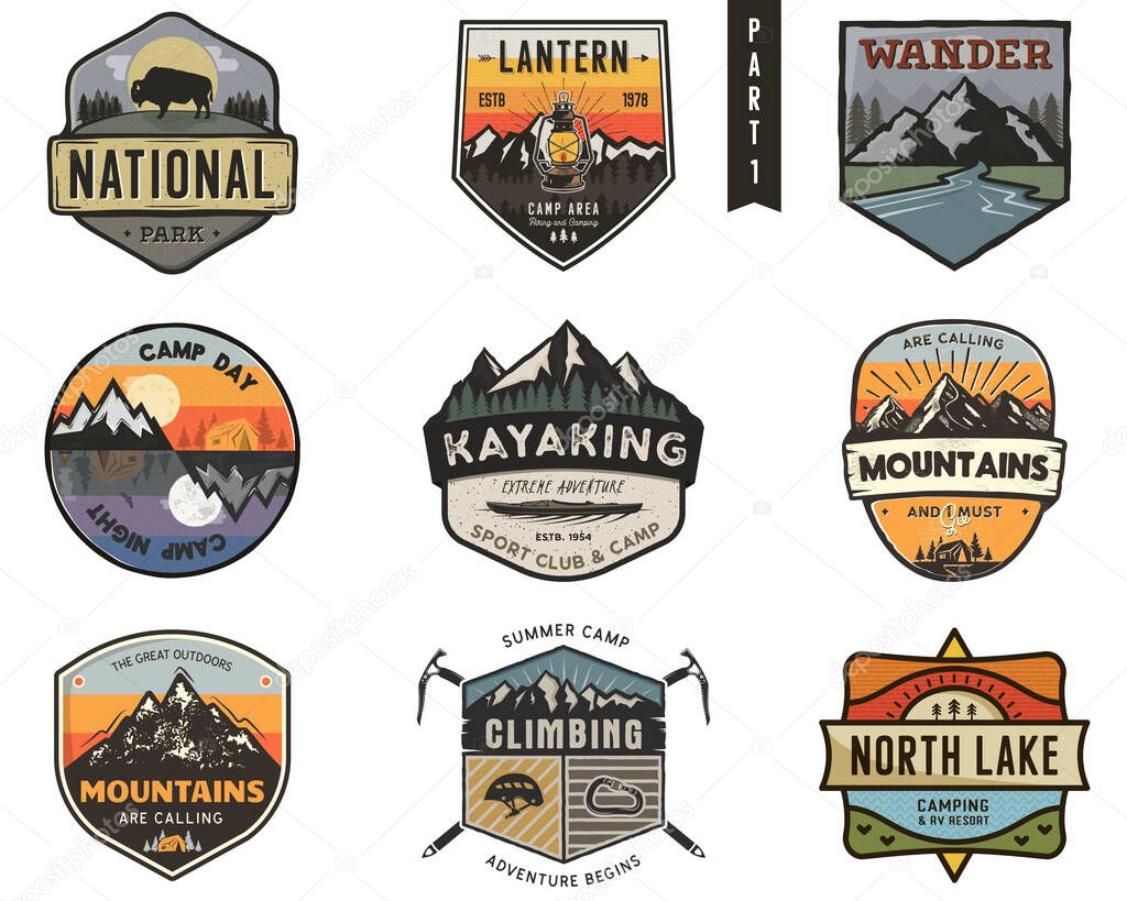Set of vintage hand drawn travel badges. Camping labels concepts. Mountain expedition logo designs. Travel badges. camp logotypes collection. Stock vector patches isolated on white background.