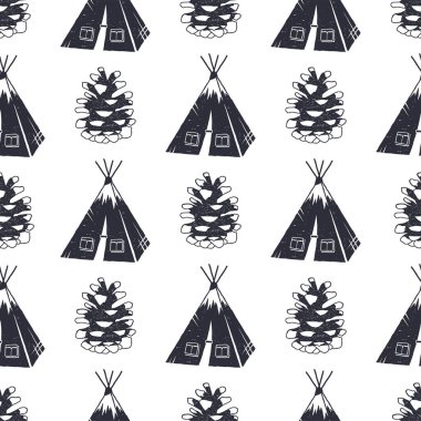 Klasik el çizimi macera modeli tasarımı. Sırt çantalı, pusulası olan kusursuz duvar kâğıdı. Tek renkli retro tasarım. Vektör çizimi. Kumaş baskısı, web projeleri, tişörtler için kullan.