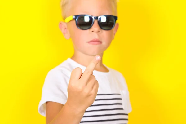 Cute Blond Boy Portrait Looking Camera Showing Middle Finger Yellow — Stock Photo, Image