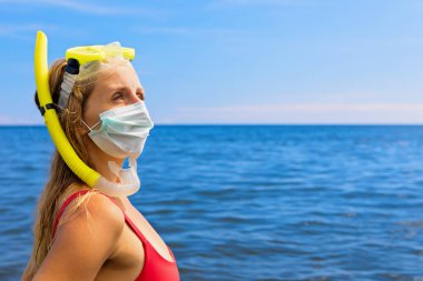 Şnorkel maskeli kız deniz sahilinde cerrahi maske takıyor. Geziler iptal edildi, Coronavirus COVID 19 dünya salgını nedeniyle turlar iptal edildi. Aile tatili için seyahat yasağı, 2020 yazında turizm sektörü krizi