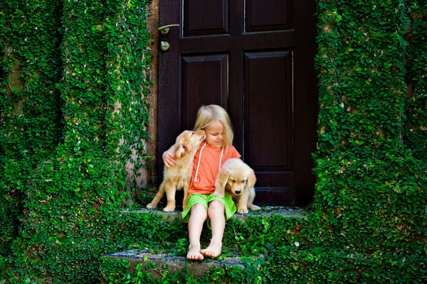 幸せな赤ちゃんの面白い写真美しい黄金のラブラドール取得子犬を抱っこ 女の子は犬と遊ぶ 家族のライフスタイル 夏休みに自宅ペットと子供の楽しいゲームの肯定的な感情 — ストック写真