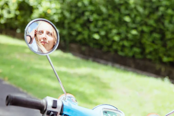 Happy Young Woman Ride Rental Custom Retro Motorbike Road Journey — Stock Photo, Image