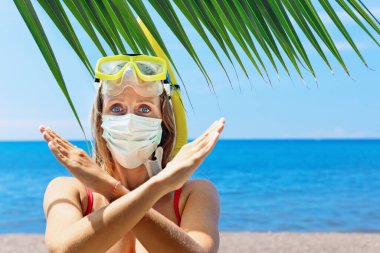Şnorkel maskeli kız deniz sahilinde cerrahi maske takıyor. Geziler iptal edildi, Coronavirus COVID 19 dünya salgını nedeniyle turlar iptal edildi. Aile tatili için seyahat yasağı, 2020 yazında turizm sektörü krizi