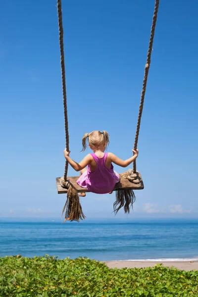 Happy Girl Have Fun Swinging High Mid Air Flying Upside — Stock Photo, Image