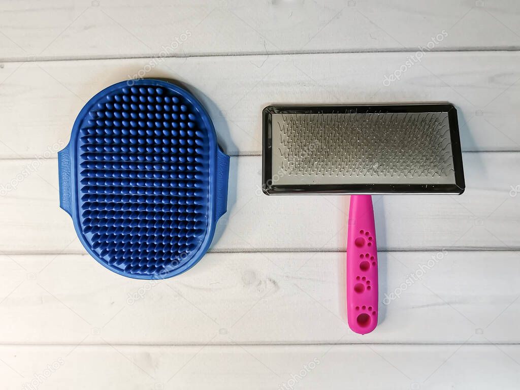 Soft blue rubber massage brush and stiff metal brush for animals. Pet care accessories. Hand-held massage brush to remove excess hair from dogs and cats during molting.
