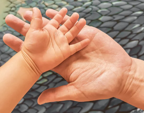 Çocuk ve yetişkin ellerinin avuçları soyut bir arka planda. Nesillerin bağının bir sembolü, ebeveyn sevgisi ve vasilik. Ebeveynler ve çocuklar arasındaki dostluk ve güven..
