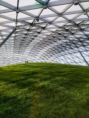 Moskova / Rusya - 08 / 11 / 2017: Camla boyanmış tavan Moskova Zaryadye Konser Salonu. Modern mimari. Modern binadaki ön cephe inşaatının ayrıntıları.