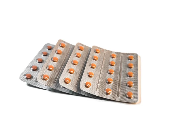 Flera Blister Med Beige Tabletter Tre Rader Isolerade Vit Bakgrund — Stockfoto