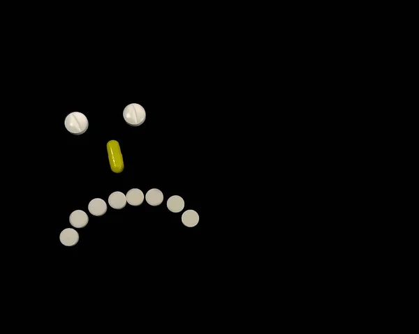 Sad Smile Made Pills Black Background Concept Bad Diagnosis Depression — Stock Photo, Image