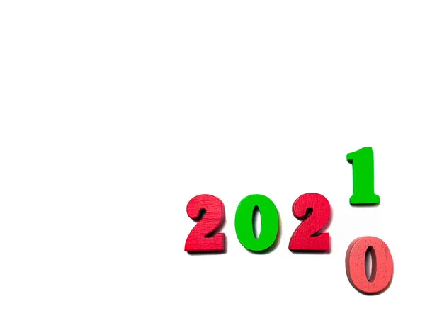 Changes Year 2020 2021 Red Green Wooden Numbers White Background — Stock Photo, Image