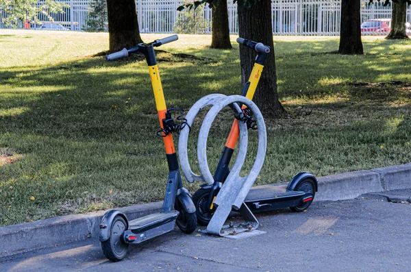 Two Electric Scooters City Scooter Rental Service Scooters Standing Public — Stock Photo, Image