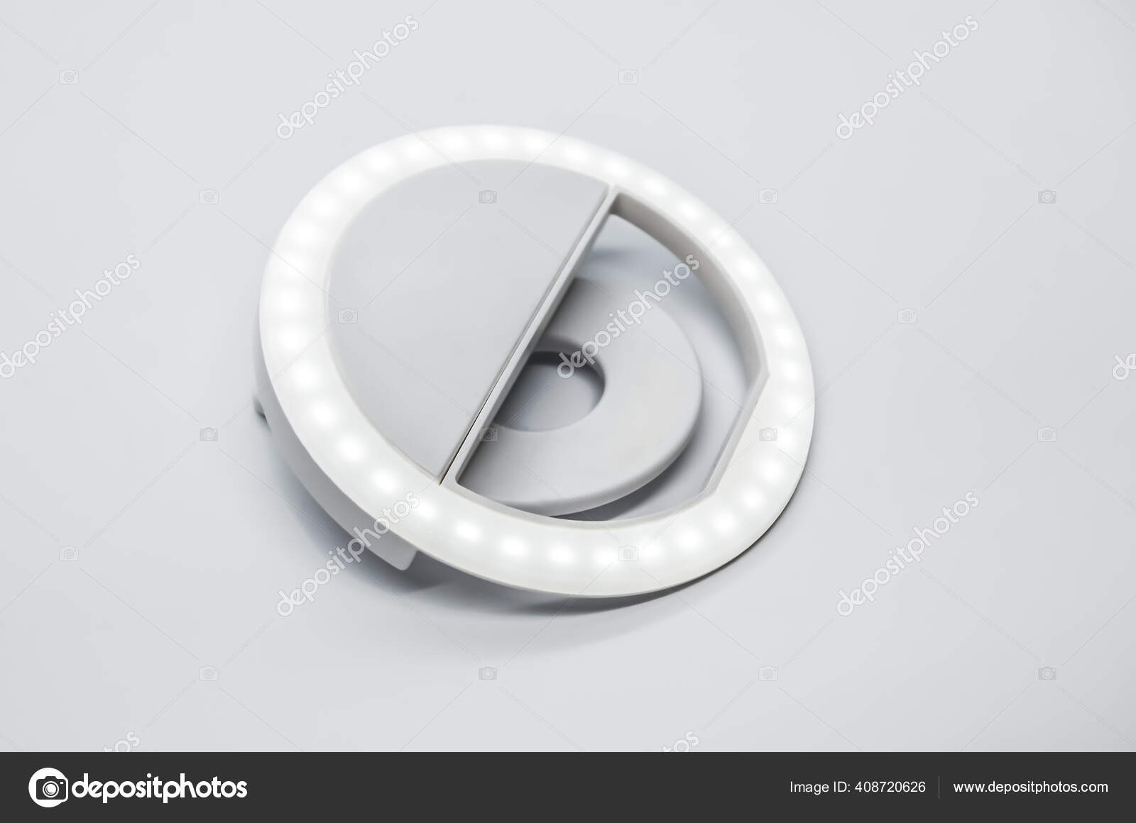 Close Led Selfie Circular Ring Light Lamp Wite Background Clip Stock Photo  by ©vetertsovskaya 408720626