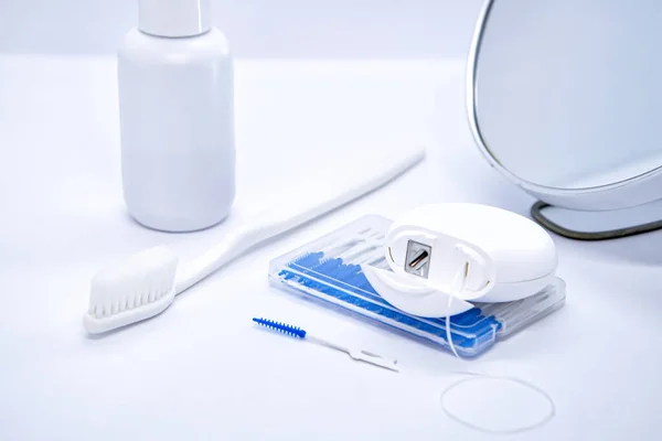 Oral Care Toothbrush Dental Floss Brush Cleaning Interdental Spaces Mouthwash — Stock Photo, Image