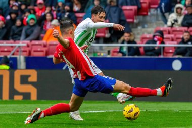 Madrid, İspanya - 3 Mart 2024: Atletico de Madrid ile Real Betis arasındaki lig maçı. Top gerçek Betis oyuncularında. Profesyonel futbol.