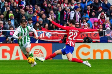 Madrid, İspanya - 3 Mart 2024: Atletico de Madrid ile Real Betis arasındaki lig maçı. Top gerçek Betis oyuncularında. Profesyonel futbol.