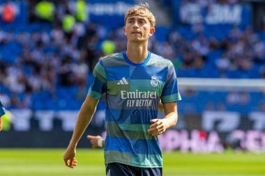 San Sebastian, İspanya - 13 Eylül 2025: La Liga Real Sociedad ve Real Madrid maçı San Sebastian 'da oynandı. Topu Madrid 'de oynayan gerçek oyuncular. La Liga 2024, 2025.