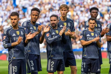 San Sebastian, İspanya - 13 Eylül 2025: La Liga Real Sociedad ve Real Madrid maçı San Sebastian 'da oynandı. Topu Madrid 'de oynayan gerçek oyuncular. La Liga 2024, 2025.