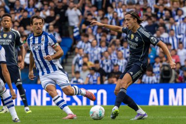 San Sebastian, İspanya - 13 Eylül 2025: La Liga Real Sociedad ve Real Madrid maçı San Sebastian 'da oynandı. Futbolcular. La Liga maçı. La Liga 2024, 2025.