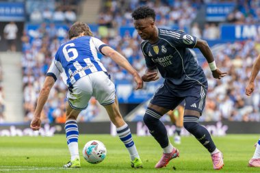 San Sebastian, İspanya - 13 Eylül 2025: La Liga Real Sociedad ve Real Madrid maçı San Sebastian 'da oynandı. Futbolcular. La Liga maçı. La Liga 2024, 2025.