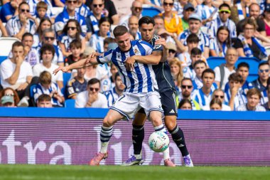 San Sebastian, İspanya - 13 Eylül 2025: La Liga Real Sociedad ve Real Madrid maçı San Sebastian 'da oynandı. Futbolcular. La Liga maçı. La Liga 2024, 2025.