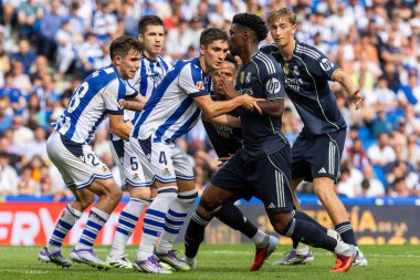 San Sebastian, İspanya - 13 Eylül 2025: La Liga Real Sociedad ve Real Madrid maçı San Sebastian 'da oynandı. Futbolcular. La Liga maçı. La Liga 2024, 2025.