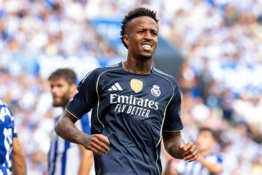 San Sebastian, İspanya - 13 Eylül 2025: La Liga Real Sociedad ve Real Madrid maçı San Sebastian 'da oynandı. Topu Madrid 'de oynayan gerçek oyuncular. La Liga 2024, 2025.