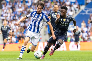 San Sebastian, İspanya - 13 Eylül 2025: La Liga Real Sociedad ve Real Madrid maçı San Sebastian 'da oynandı. Futbolcular. La Liga maçı. La Liga 2024, 2025.