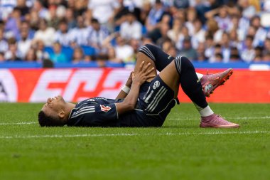 San Sebastian, İspanya - 13 Eylül 2025: La Liga Real Sociedad ve Real Madrid maçı San Sebastian 'da oynandı. Topu Madrid 'de oynayan gerçek oyuncular. La Liga 2024, 2025.