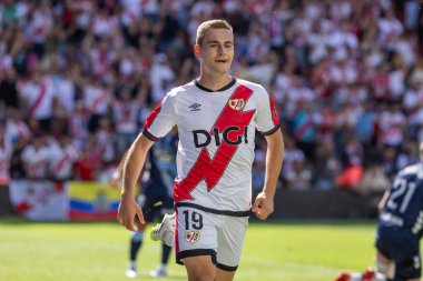 Madrid, İspanya - 21 Eylül 2025: Madrid 'de oynanan Rayo Vallecano ve Celta de Vigo ligi maçı. Celta oyuncuları. Rayo oyuncuları. EA Spor Ligi 2024, 2025. İspanyol futbolu.