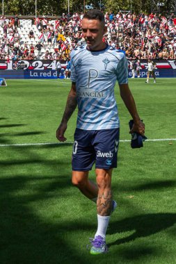 Madrid, İspanya - 21 Eylül 2025: Madrid 'de oynanan Rayo Vallecano ve Celta de Vigo ligi maçı. Celta oyuncuları. Rayo oyuncuları. EA Spor Ligi 2024, 2025. İspanyol futbolu.