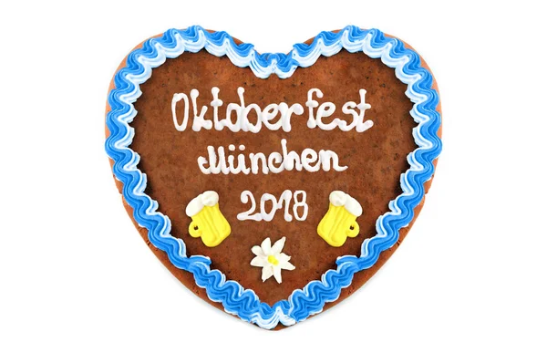 Oktoberfest München 2018 Peperkoek Hart Witte Geïsoleerde Achtergrond — Stockfoto