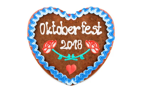 Oktoberfest 2018 Gingerbread Heart White Isolated Background — Stock Photo, Image