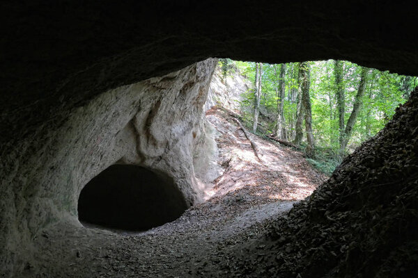 visiting the trass caves at Brohltal valley at Eifel region in Germany. mining area of volcanic rock in roman times.