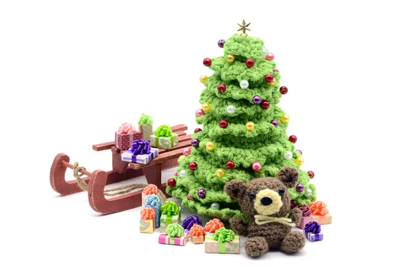 Crochet Christmas Tree Teddy Gifts Sled Merry Christmas — Stock Photo, Image