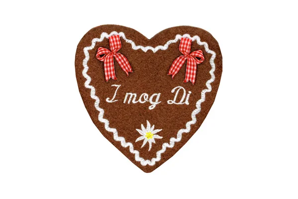 Tekstil Gingerbread kalp şekli Sevgililer günü hediye Alman kelime ben mog di (engl. sevdim seni) beyaz izole arka plan üzerinde.