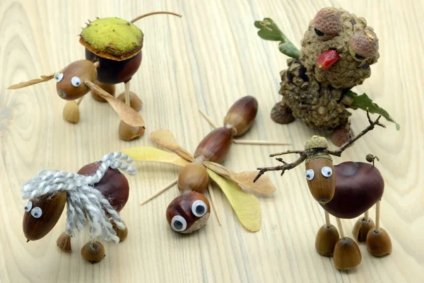 Grupo Figuras Tinker Feitas Bolota Castanhas Dragão Mosca Inseto Coruja — Fotografia de Stock