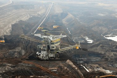 kömür madeni kova tekerlekli ekskavatör ile hava görünümünde. Doğa imha. fosil enerji.