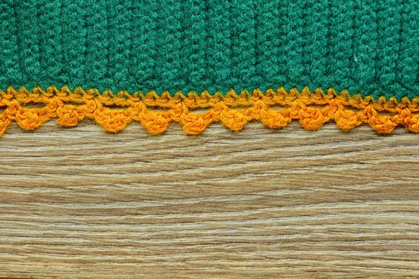Grün Orange Gehäkeltes Textil Auf Holzgrund Mit Kopierraum — Stockfoto