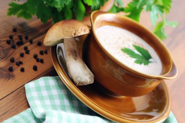 Bolete mantar kremalı çorba kase taze maydanoz ile Kral.