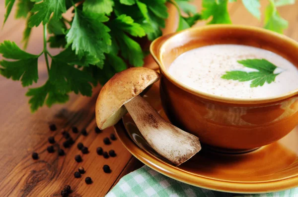 Soupe Crème Champignons Cepe Bun Dans Bol Avec Persil Frais — Photo