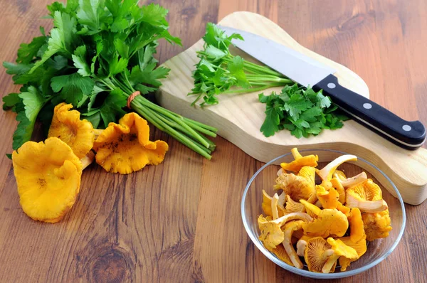 Golden Chanterelle Mushroom Fresh Parsley Ingredients Cook Meal — Stock Photo, Image