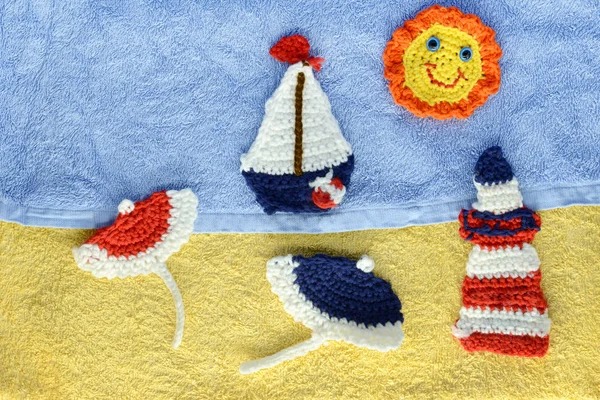 Beach Scene Crochet Sun Sailing Ship Light House Parasol Towel — Stock Photo, Image