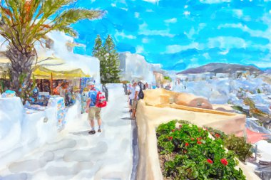 Yunan Adası Santorini şehir adları IA suluboya çizimi.