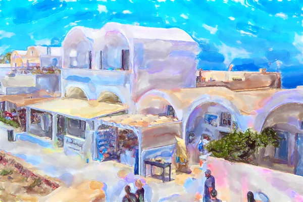 Akvarell illustration av grekiska ön Santorini staden namn Ia. — Stockfoto