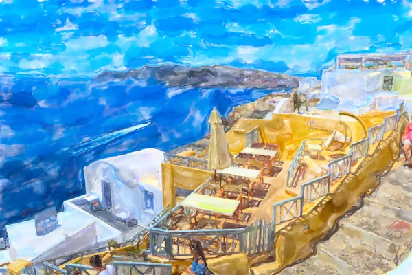 Akvarell illustration av grekiska ön Santorini staden namn Ia. — Stockfoto