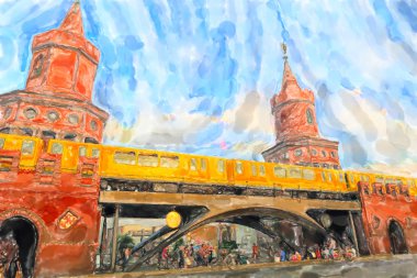 Berlin suluboya çizimi Oberbaum köprü ve s