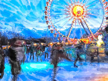 Berlin Noel skatin buz ile adil suluboya çizimi