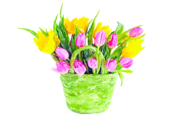 Watercolor illustration of Tulip  bunch in a basket. — Stock Photo, Image