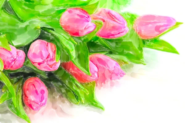 Watercolor Illustration of Bunch pink tulips in springtime — Stock Photo, Image